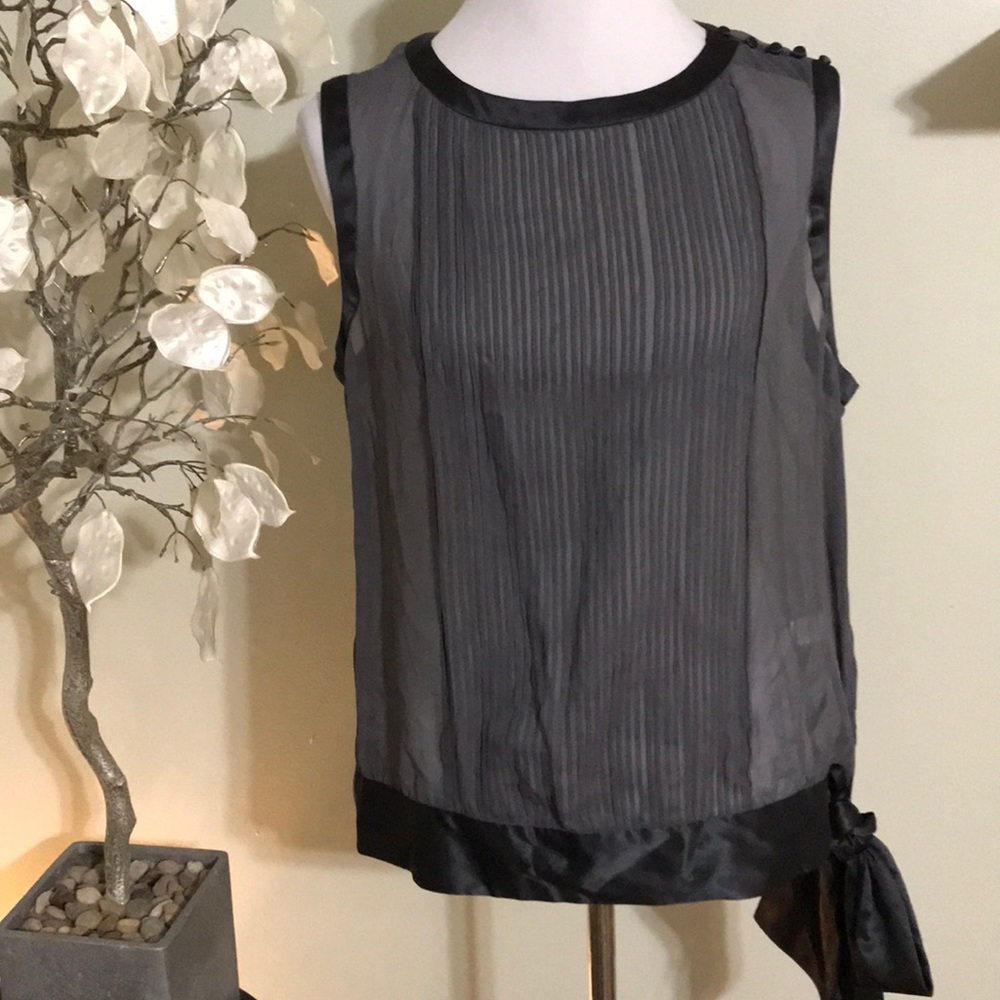 Sleeveless Pleated Satin-Trim Blouse
